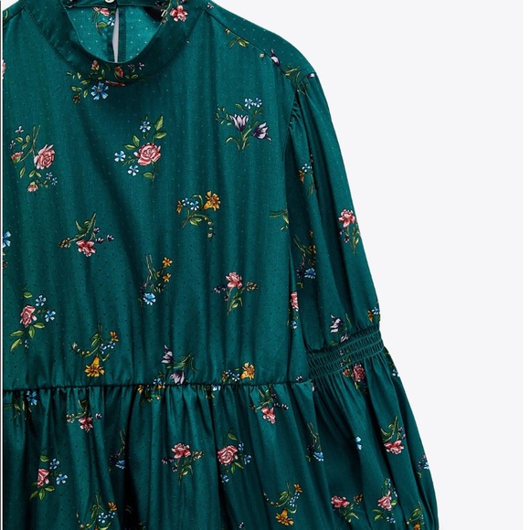 Zara Green Floral Long Sleeve Mini Dress NWT XS - Picture 5 of 12